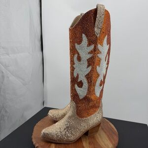 Western rhinestone cowgirl boots orange and gold women’s sz 6.5 bling game day